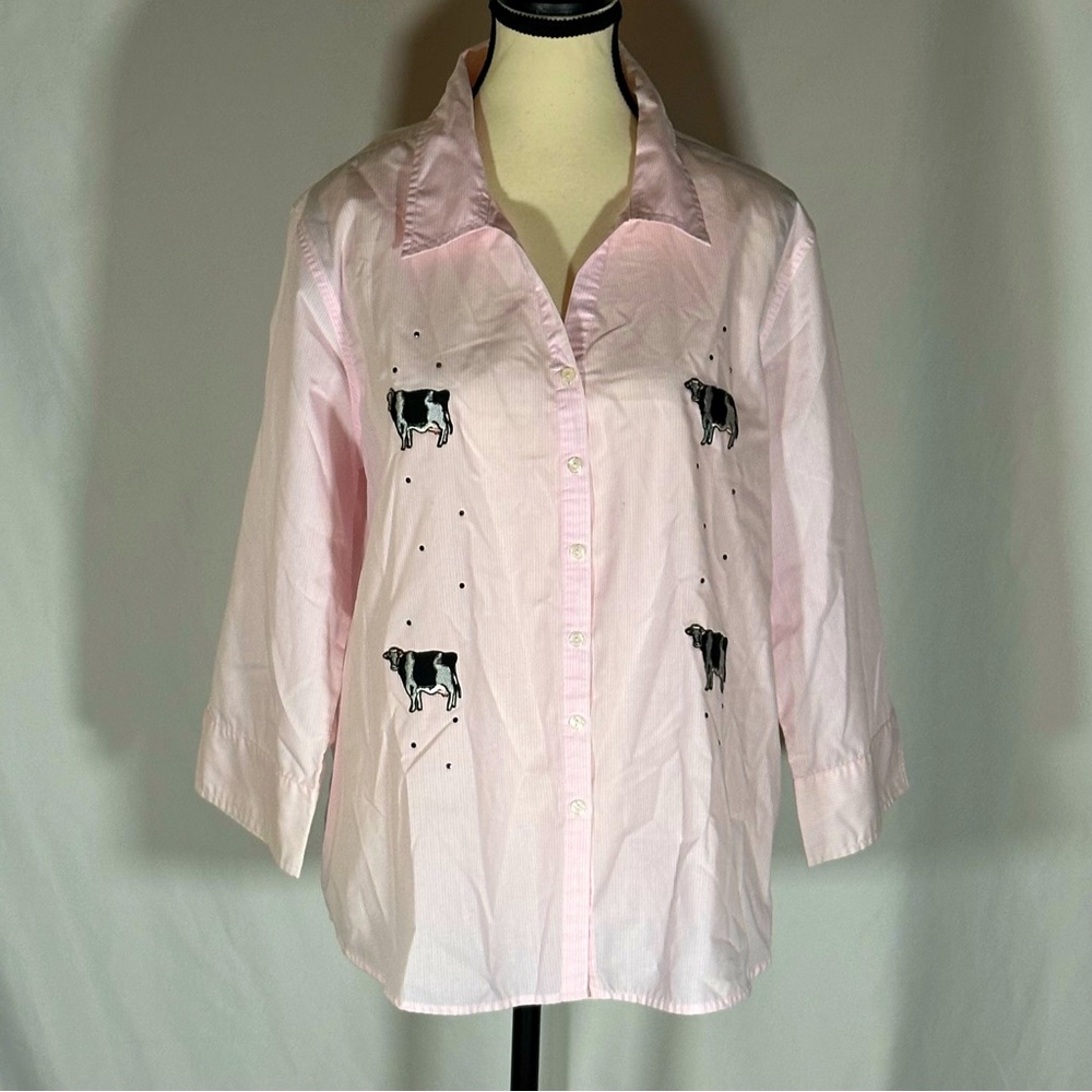 Casual Kiss Button Up Blouse Embroidered Cows Women’s Size XL FFA Fair Farmer